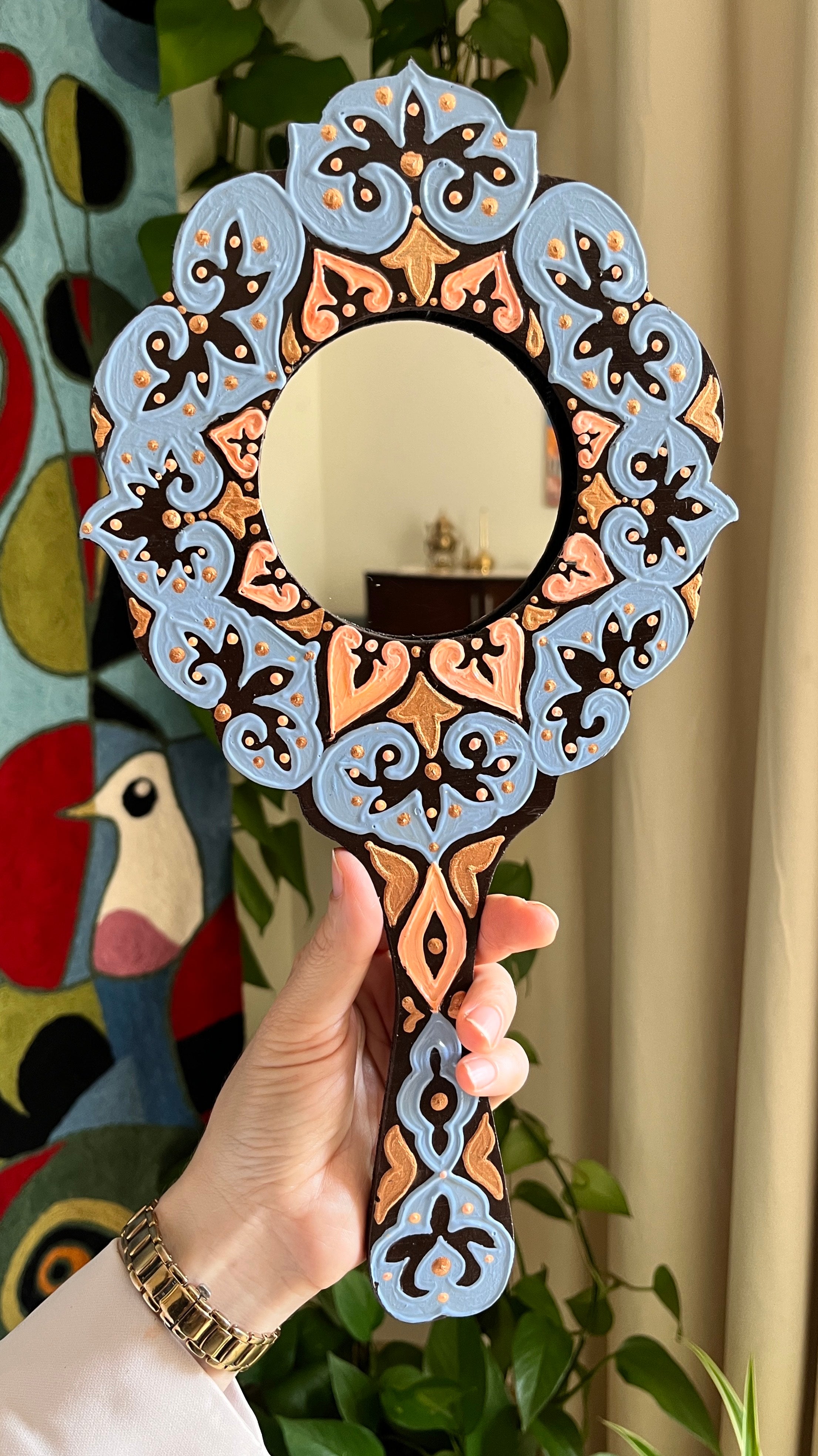 Arabesque mirror with handle- Brown, salmon & baby blue